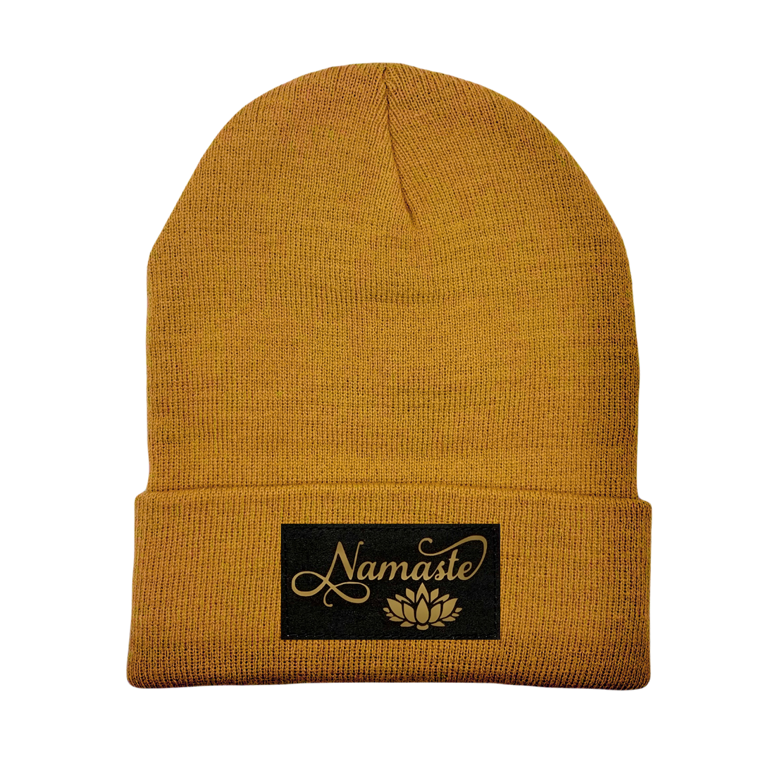 Beanie - Carmel Brown with Hand Made, Black/Gold Vegan Leather Namaste Lotus Patch by Buddha Gear 