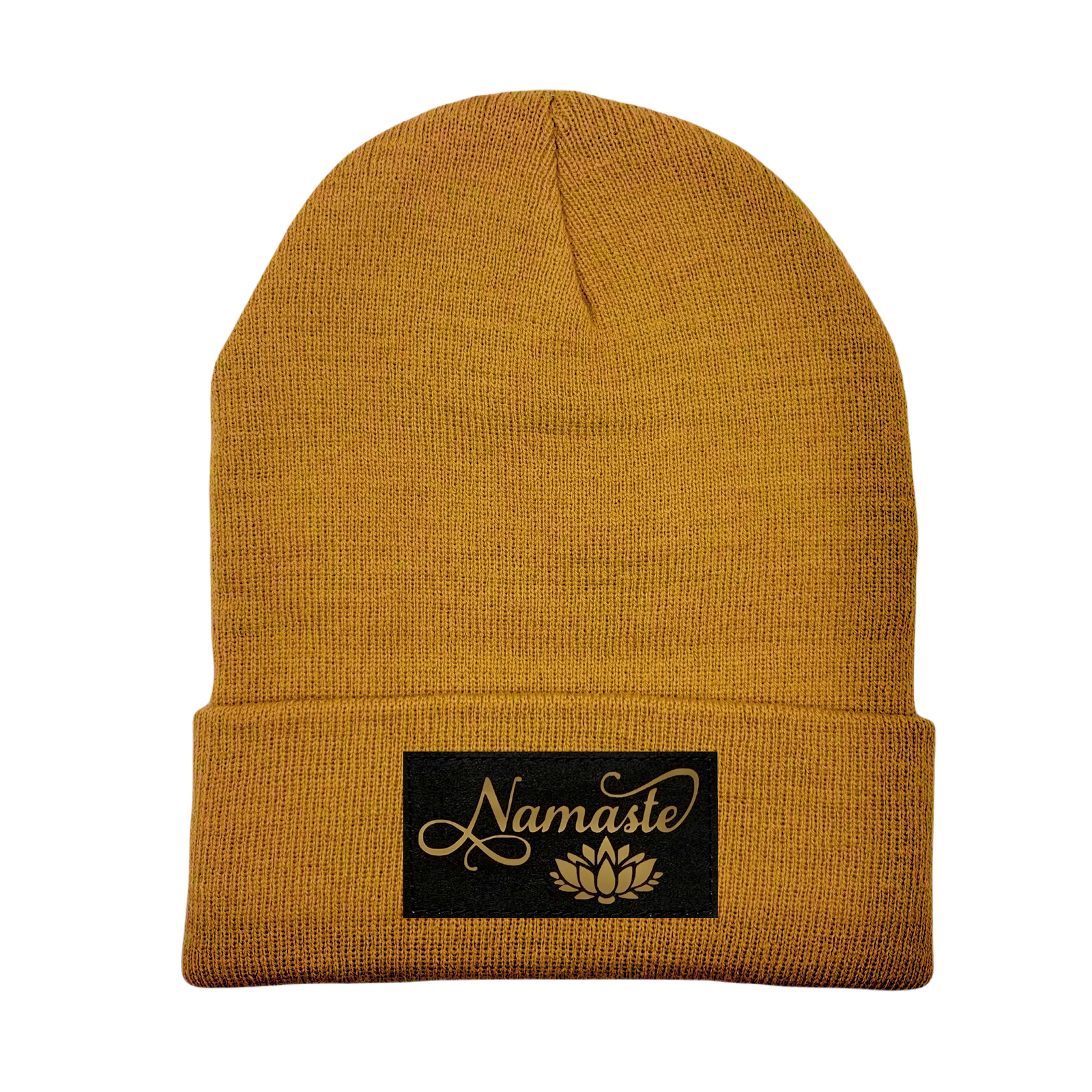 Beanie - Carmel Brown with Hand Made, Black/Gold Vegan Leather Namaste Lotus Patch by Buddha Gear 
