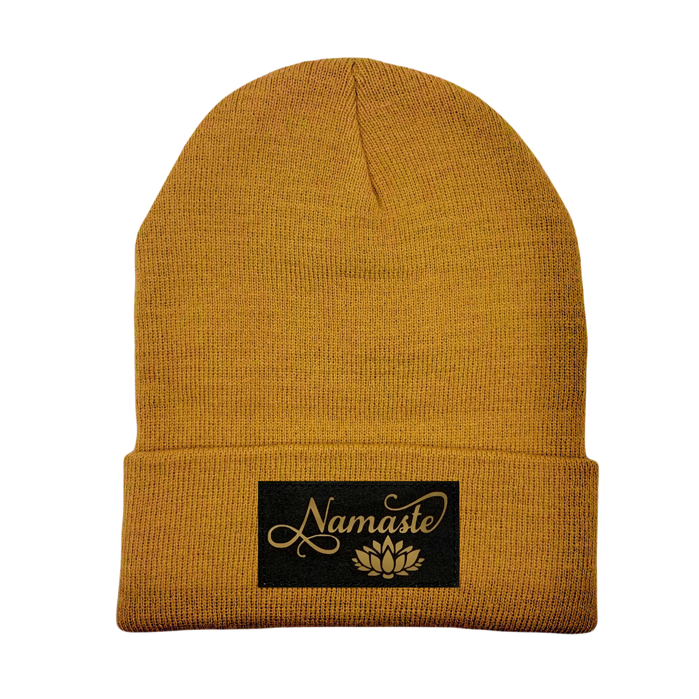 Beanie - Carmel Brown with Hand Made, Black/Gold Vegan Leather Namaste Lotus Patch by Buddha Gear 