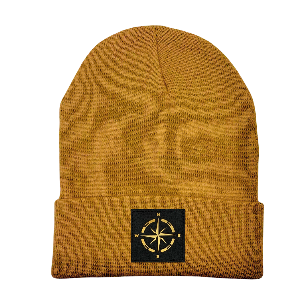 cuffed beanie caramel with compass patch by Buddha Gear 
