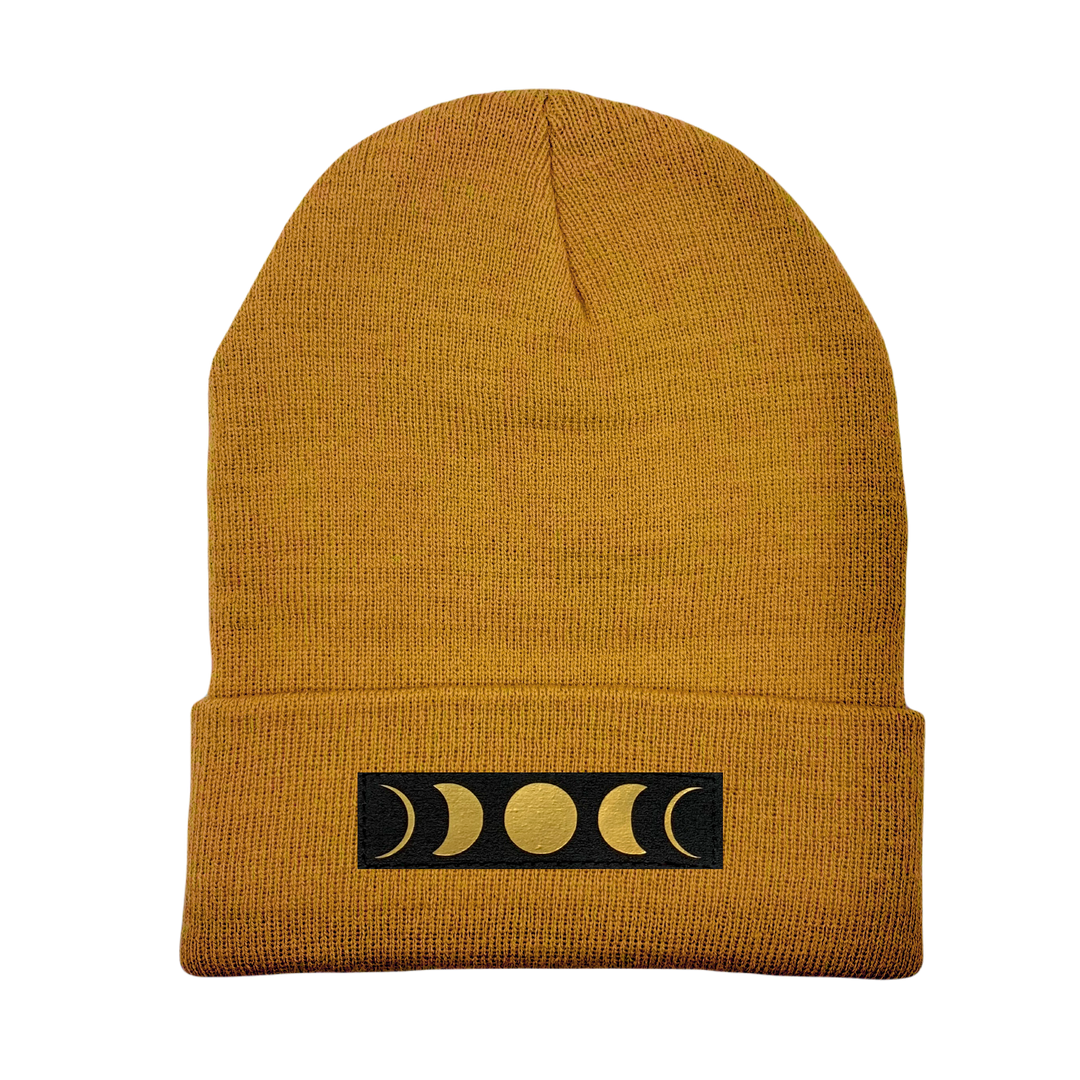 Beanie - Carmel Brown with Hand Made, Vegan Leather Moon Phase by Buddha Gear 