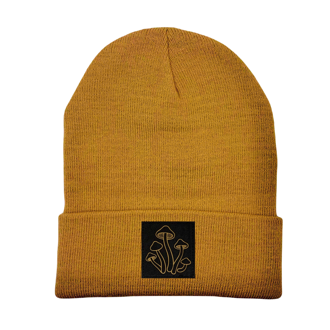 Beanie - Carmel Brown with Hand Made, Vegan Leather Mushroom Plant Medicine Patch by Buddha Gear