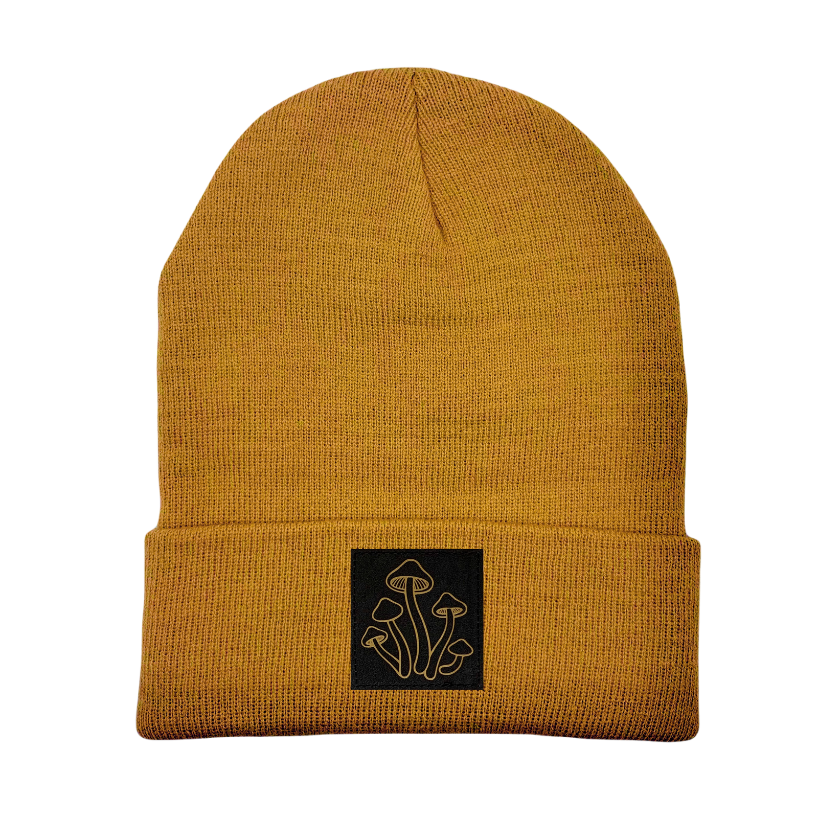 Beanie - Carmel Brown with Hand Made, Vegan Leather Mushroom Plant Medicine Patch by Buddha Gear