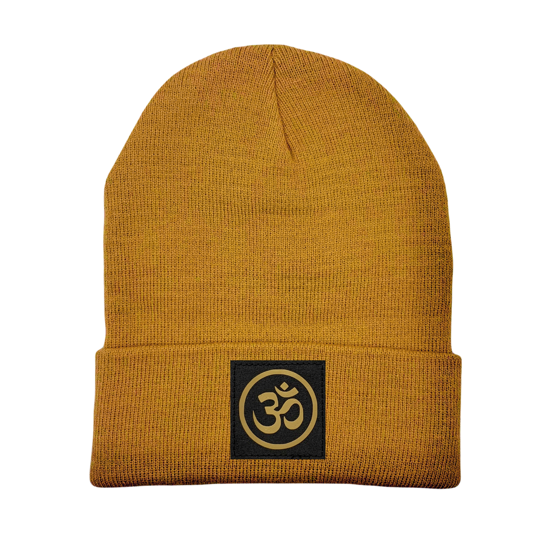 Beanie - Carmel Brown with Hand Made, Vegan Leather Om Symbol by Buddha Gear 