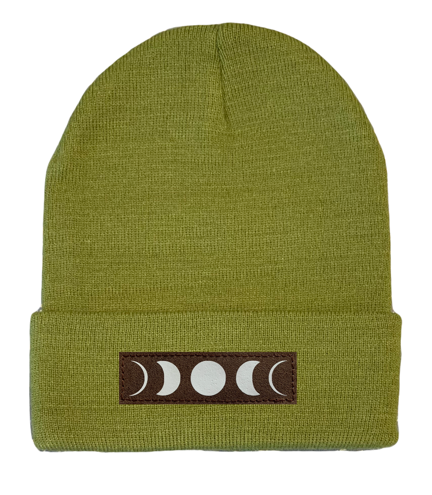 Cuffed beanie with vegan leather full moon phase patch over your third eye by buddha gear