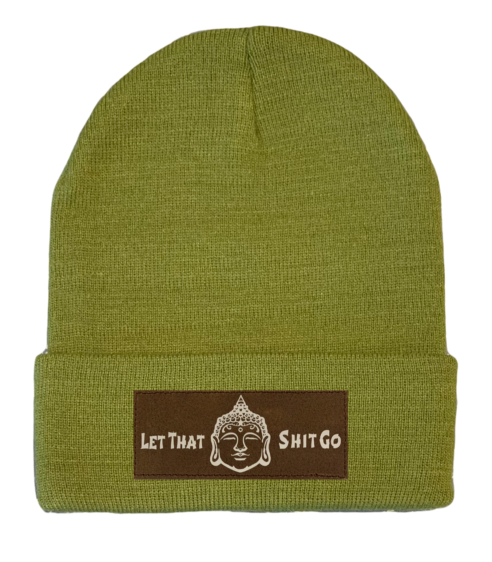 Cuffed Beanie,  knitted hat Olive with Vegan Leather Let that Shit Go Buddha Patch by Buddha Gear 