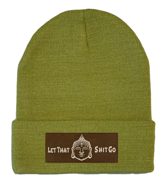 Cuffed Beanie,  knitted hat Olive with Vegan Leather Let that Shit Go Buddha Patch by Buddha Gear 