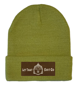 Cuffed Beanie,  knitted hat Olive with Vegan Leather Let that Shit Go Buddha Patch by Buddha Gear 