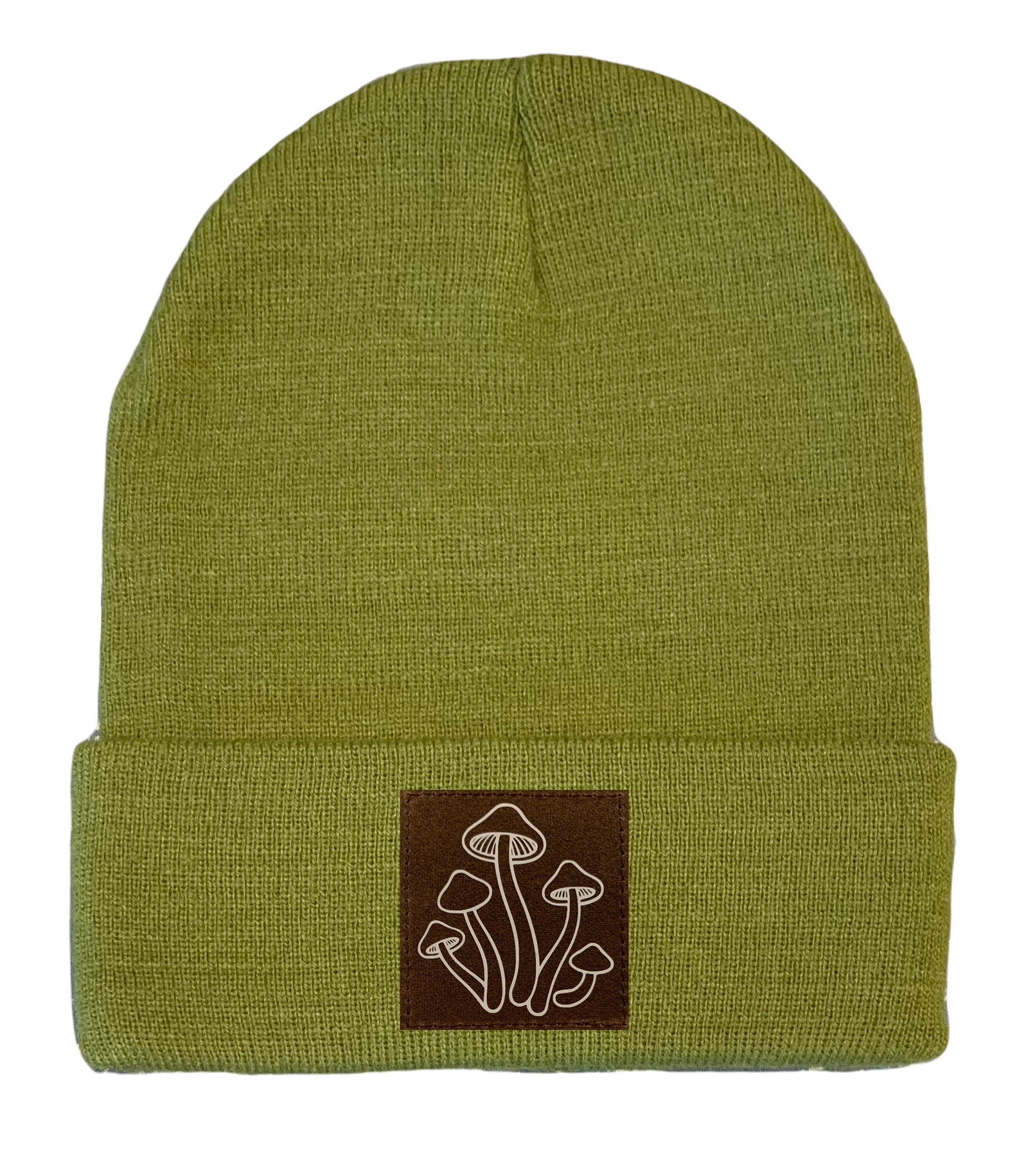 olive green cuffed beanie with mushrooms plant medicine by buddha gear