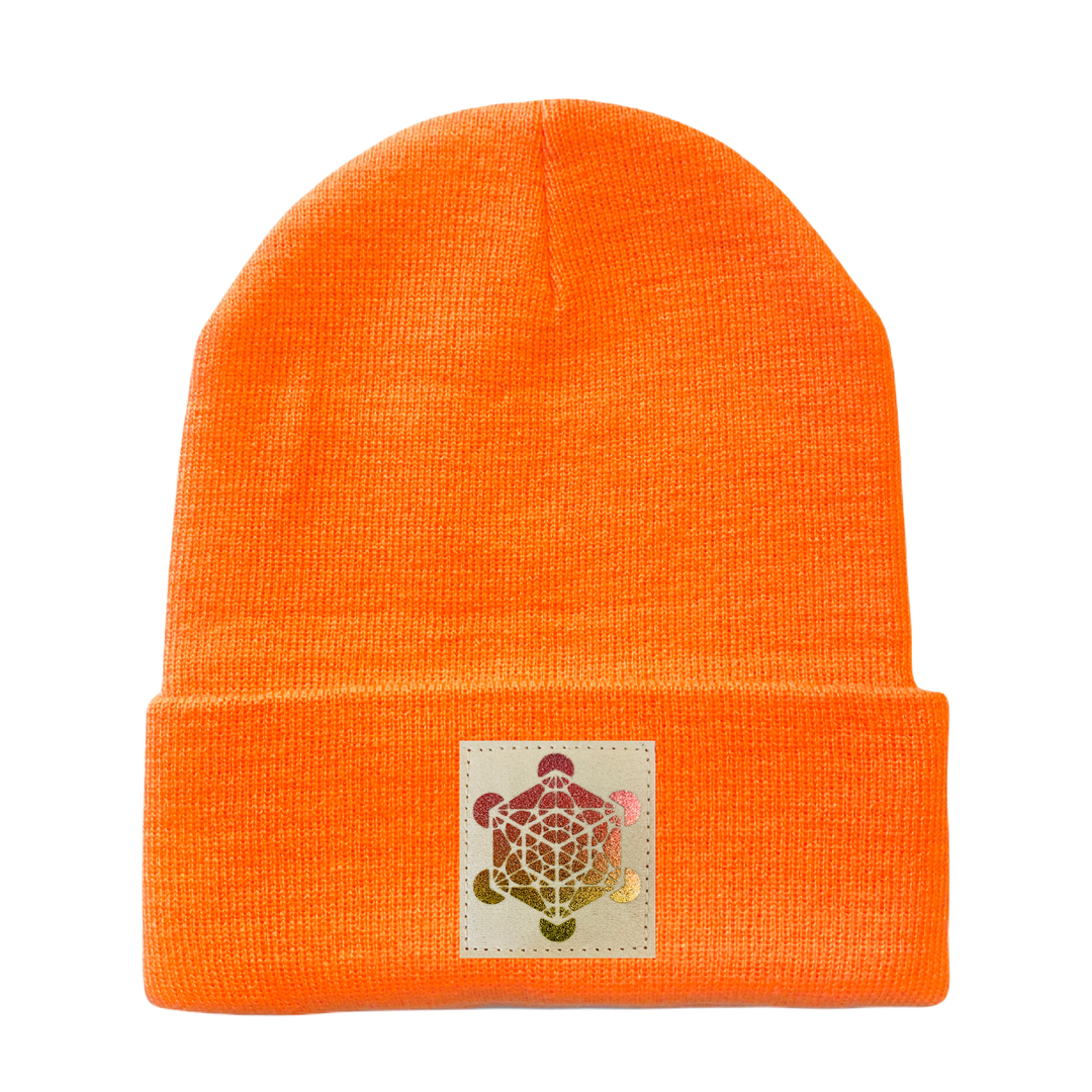 Neon Safety Orange Cuffed Beanie with Hand Made Vegan Leather Holographic Matatron's Cube Patch over your Third eye, sacred geometry hat by Buddha Gear