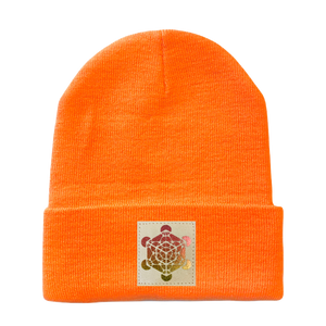 Neon Safety Orange Cuffed Beanie with Hand Made Vegan Leather Holographic Matatron's Cube Patch over your Third eye, sacred geometry hat by Buddha Gear