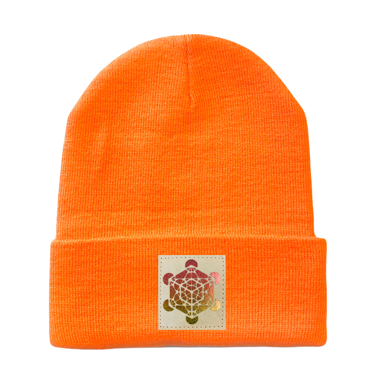 Neon Safety Orange Cuffed Beanie with Hand Made Vegan Leather Holographic Matatron's Cube Patch over your Third eye, sacred geometry hat by Buddha Gear