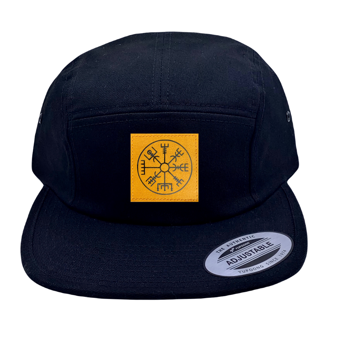 Black Yupoong 5 panel jockey flat bill hat cap with Viking Compass Vegvisir