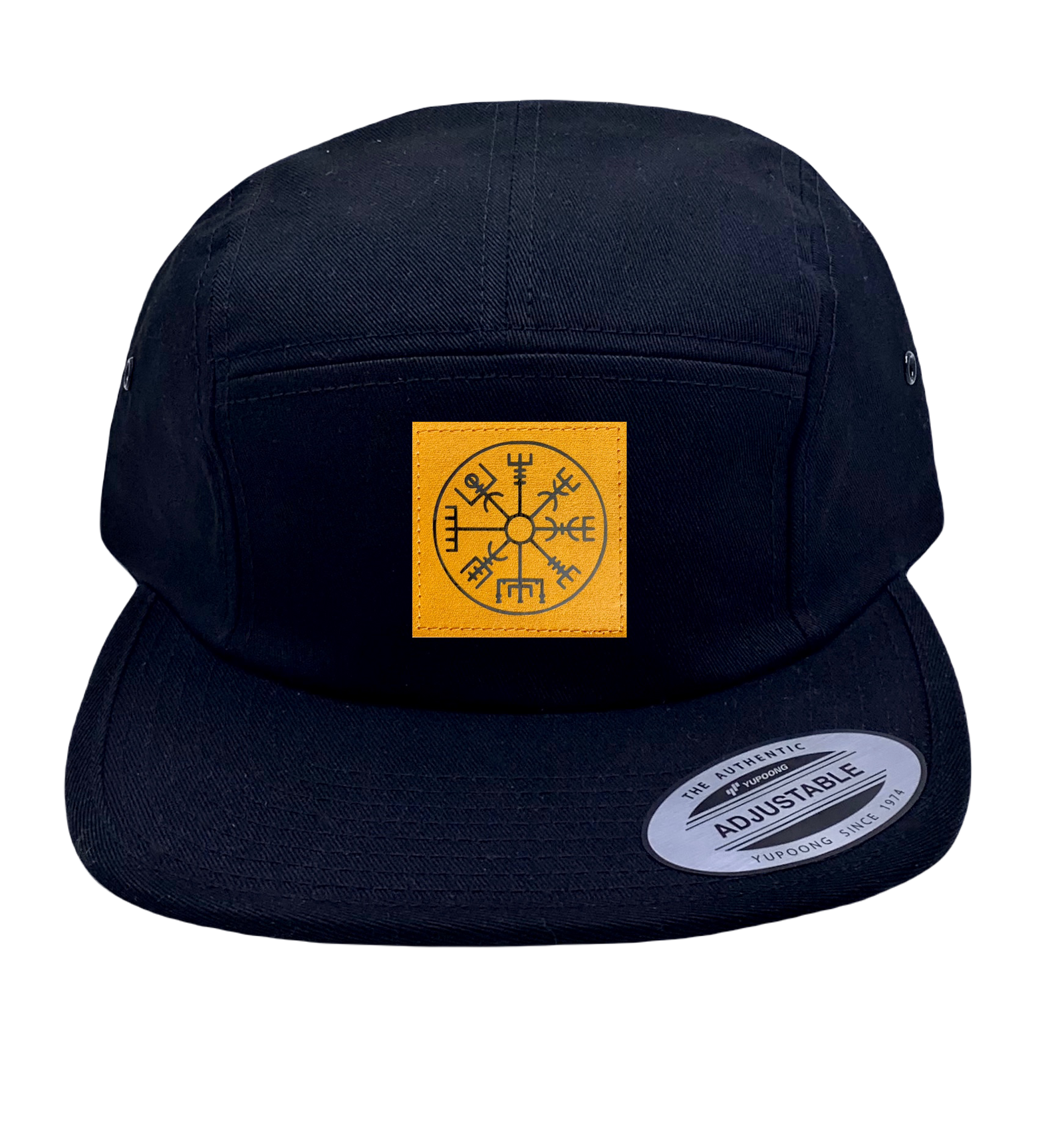 Black Yupoong 5 panel jockey flat bill hat cap with Viking Compass Vegvisir