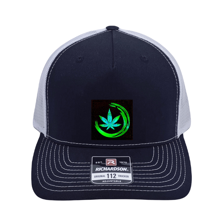 Richardson 112 trucker hat, black/white five panel with black/holo green Zen Cannabis