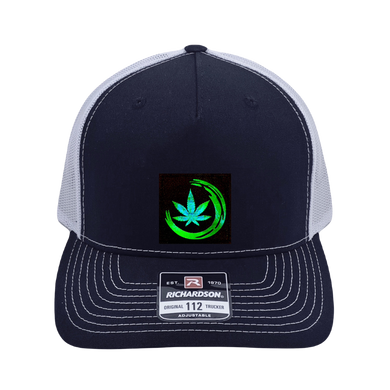 Richardson 112 trucker hat, black/white five panel with black/holo green Zen Cannabis
