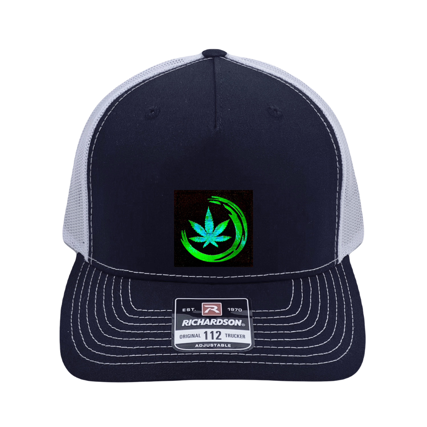 Richardson 112 trucker hat, black/white five panel with black/holo green Zen Cannabis