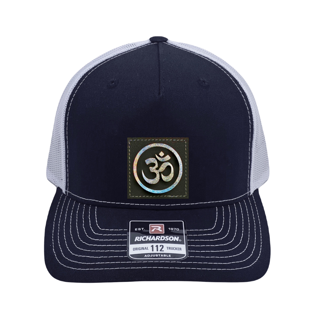 Richardson 112 original trucker hat, black/white five panel with black and holographic silver hand made vegan leather mushroom patch Buddha Gear