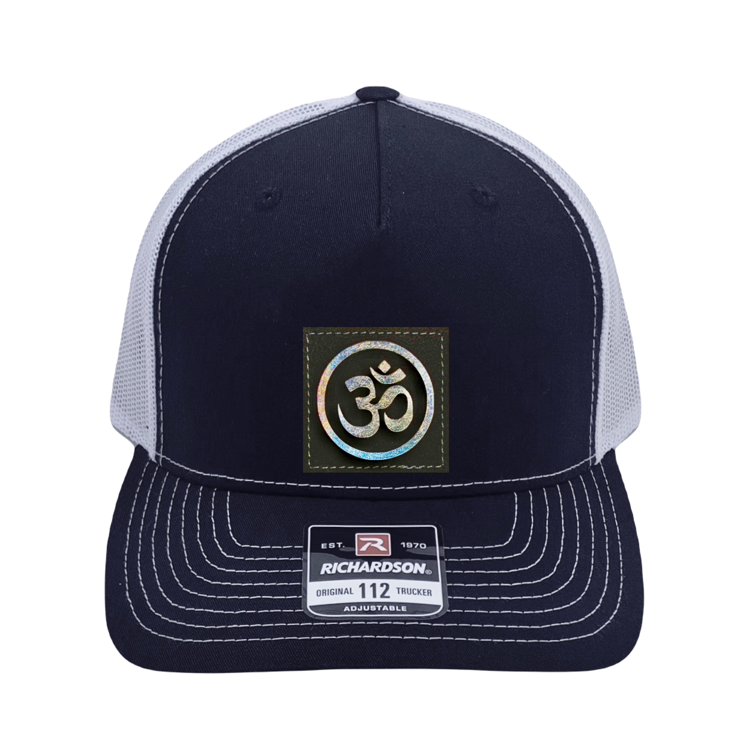Richardson 112 original trucker hat, black/white five panel with black and holographic silver hand made vegan leather mushroom patch Buddha Gear