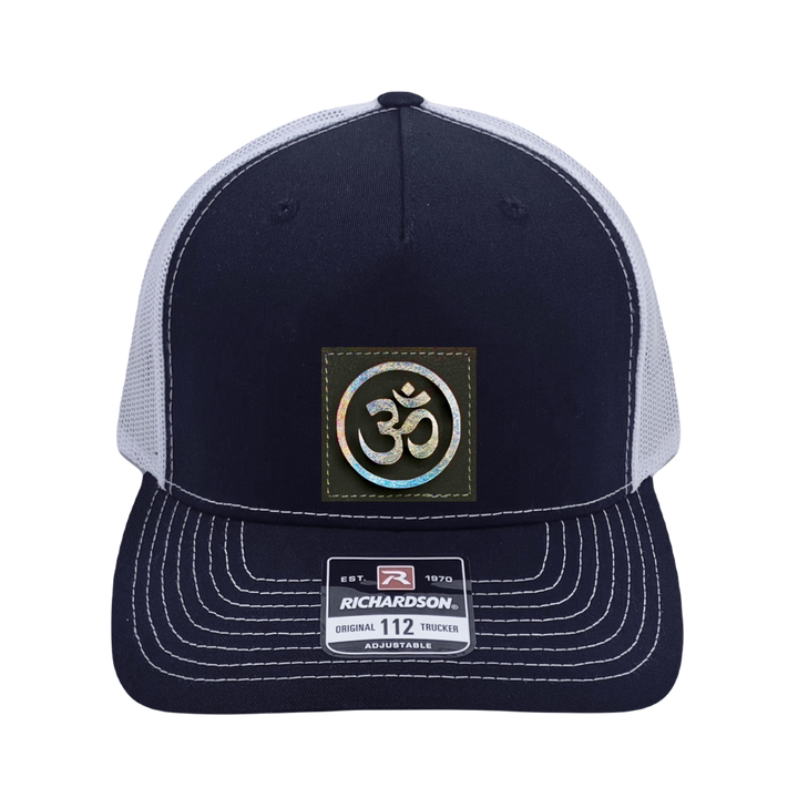 Richardson 112 original trucker hat, black/white five panel with black and holographic silver hand made vegan leather mushroom patch Buddha Gear