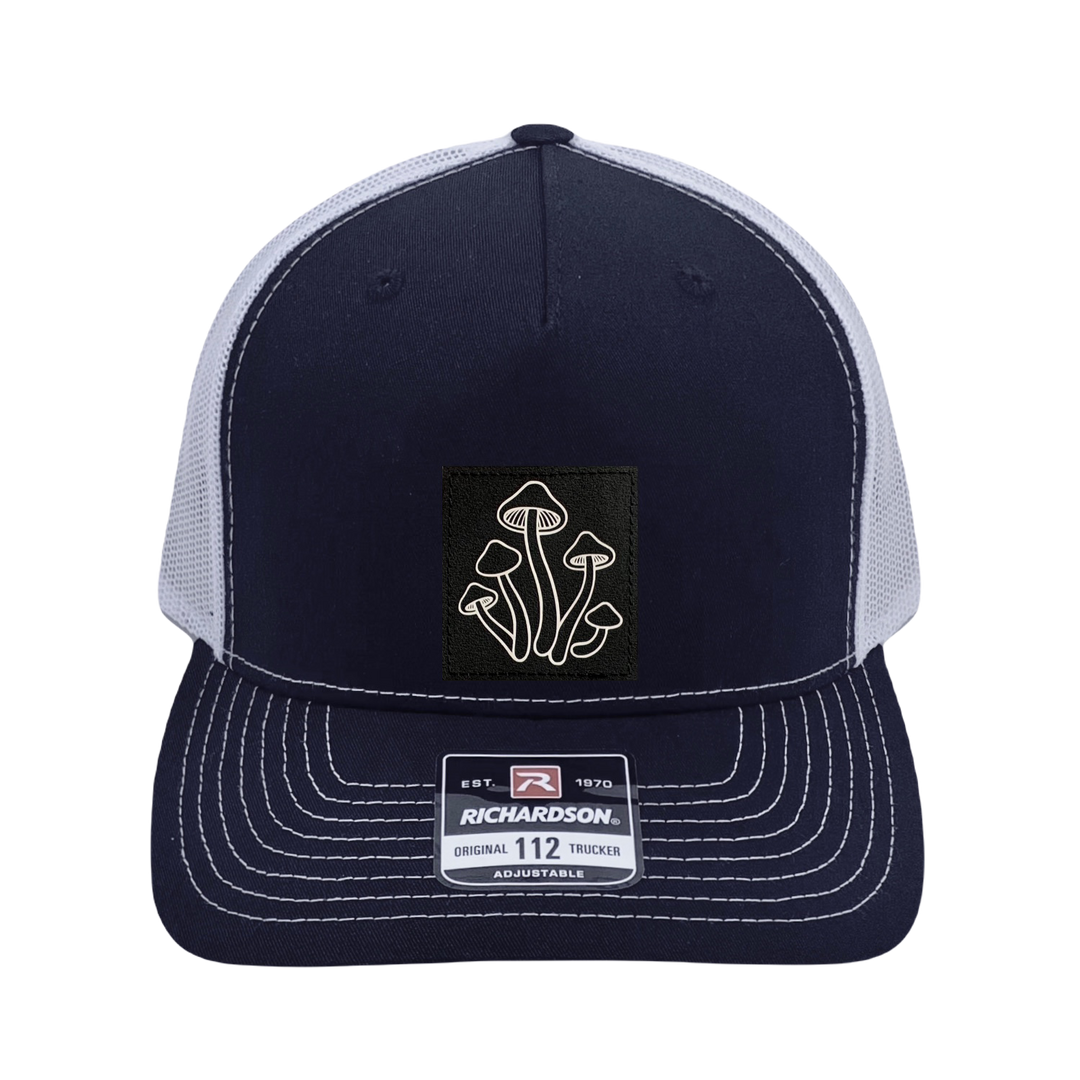 Richardson 112 original trucker hat, black/white five panel with black/white mushroom patch by Buddha Gear