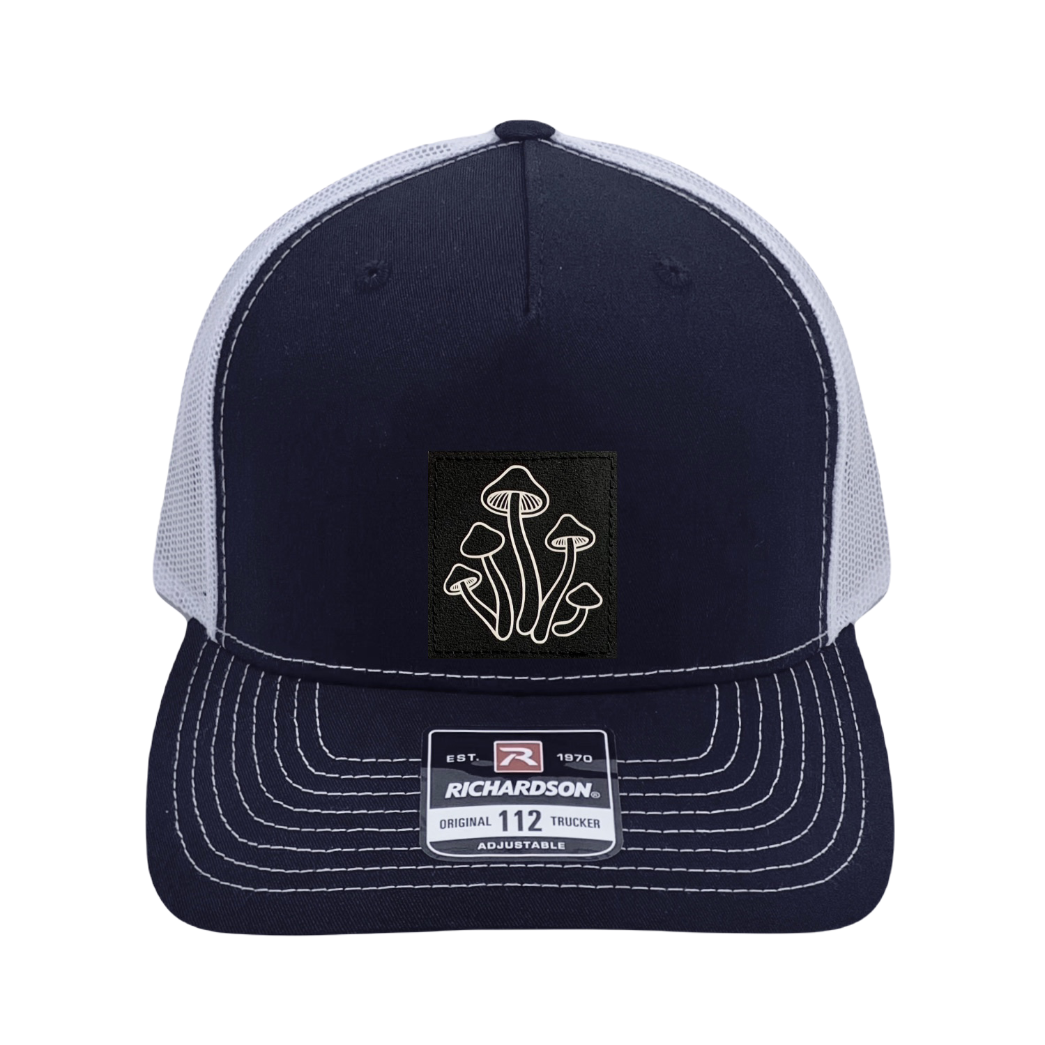Richardson 112 original trucker hat, black/white five panel with black/white mushroom patch by Buddha Gear