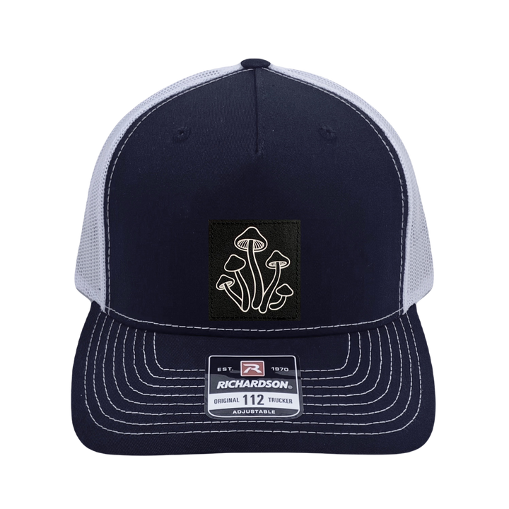 Richardson 112 original trucker hat, black/white five panel with black/white mushroom patch by Buddha Gear