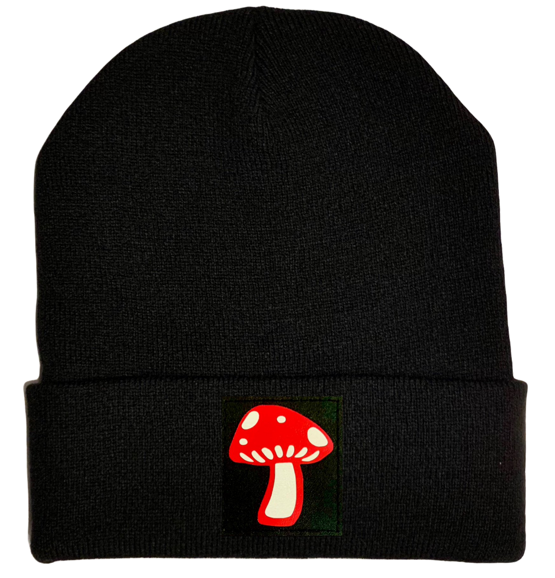 cuffed black beanie with custom mushroom patch by Buddha Gear 