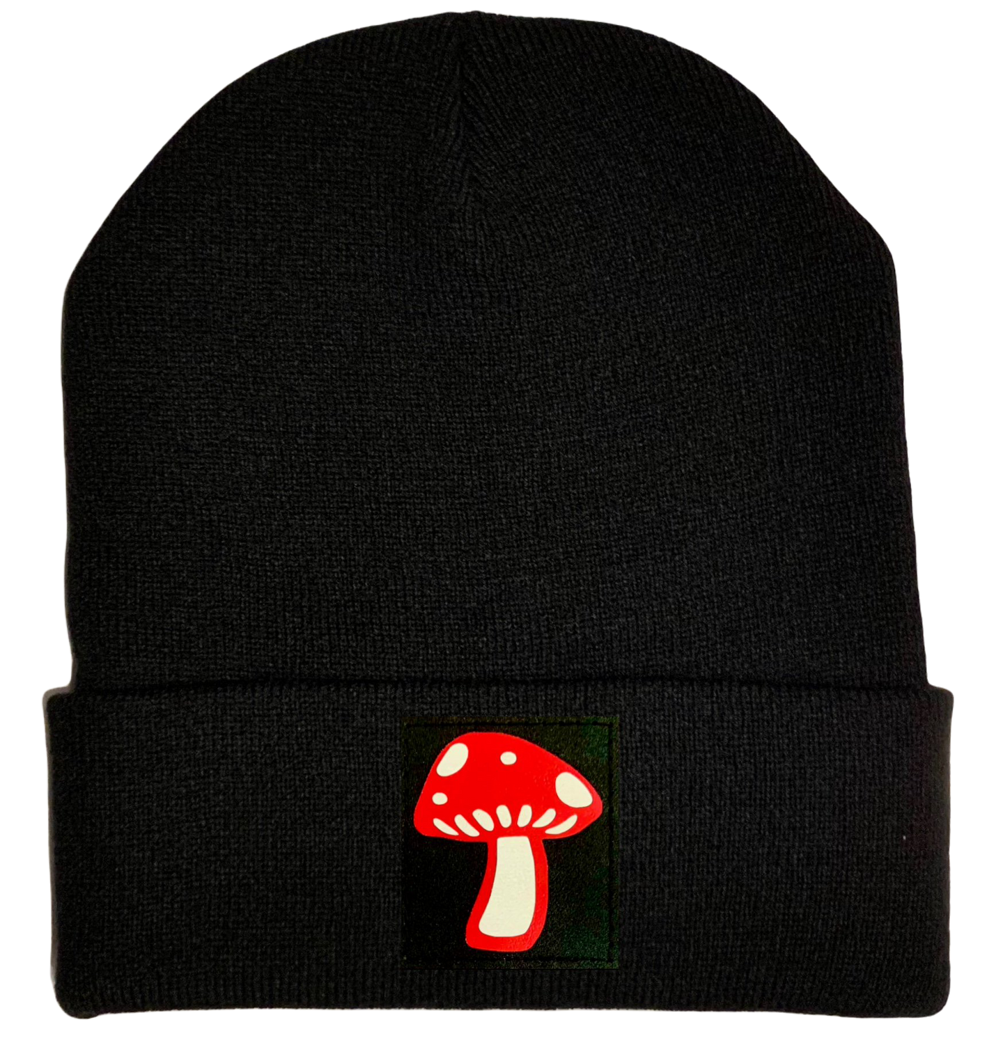 cuffed black beanie with custom mushroom patch by Buddha Gear 