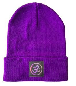 Purple Beanie with Hand Made, Vegan Leather Black and Holographic Purple Om Symbol over your Third Eye 