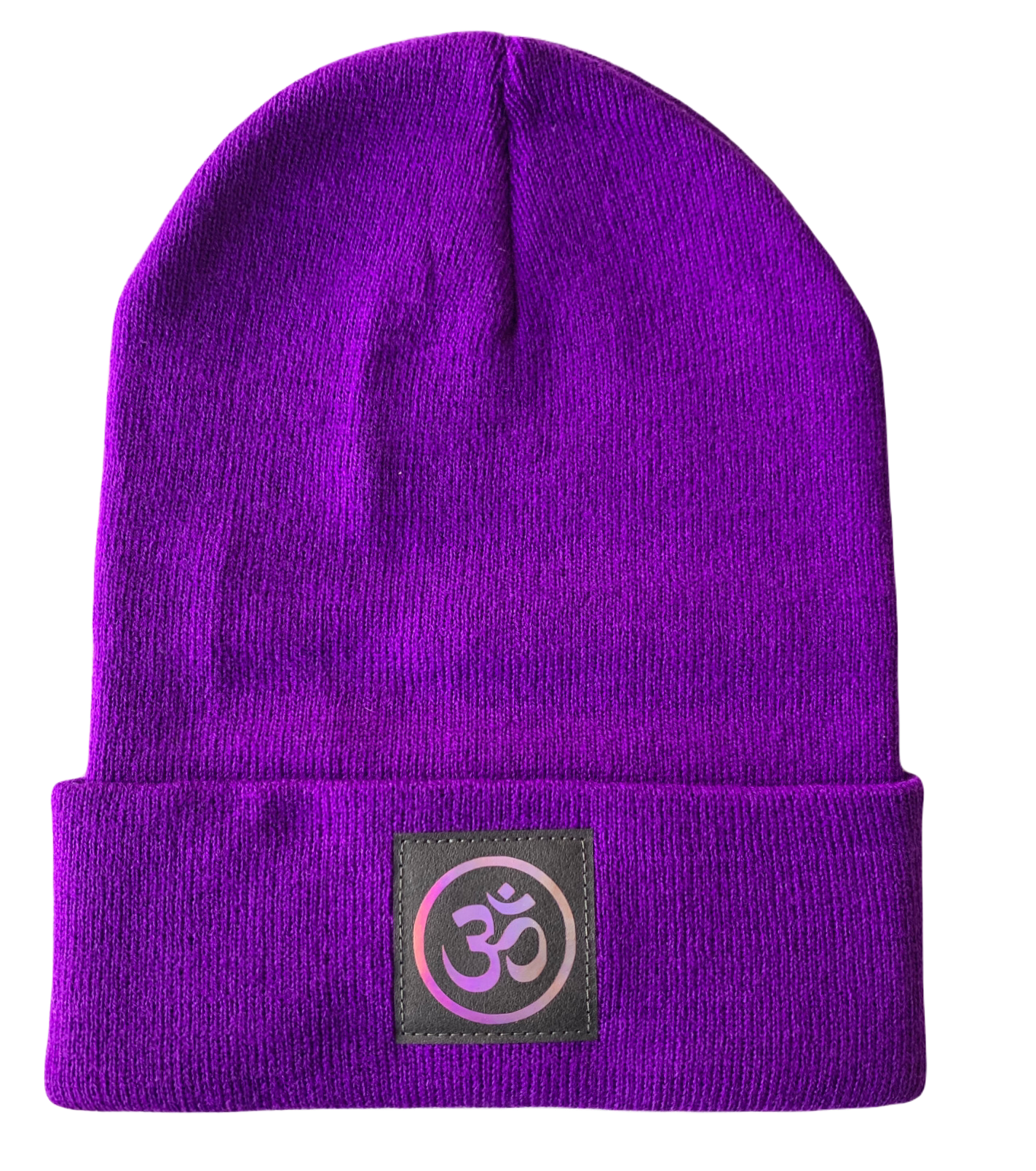 Purple Beanie with Hand Made, Vegan Leather Black and Holographic Purple Om Symbol over your Third Eye 