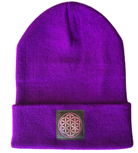 Purple Cuffed Beanie with Black and Holographic Purple Vegan Leather Flower of Life Symbol over your Third Eye by Buddha Gear 