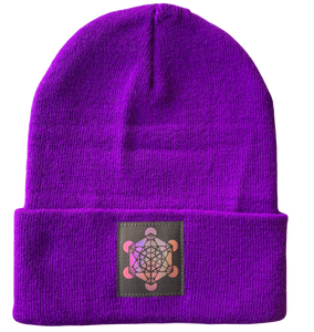 Purple Beanie with Handmade, Vegan Leather Metatron's cube patch over your Third Eye by Buddha Gear