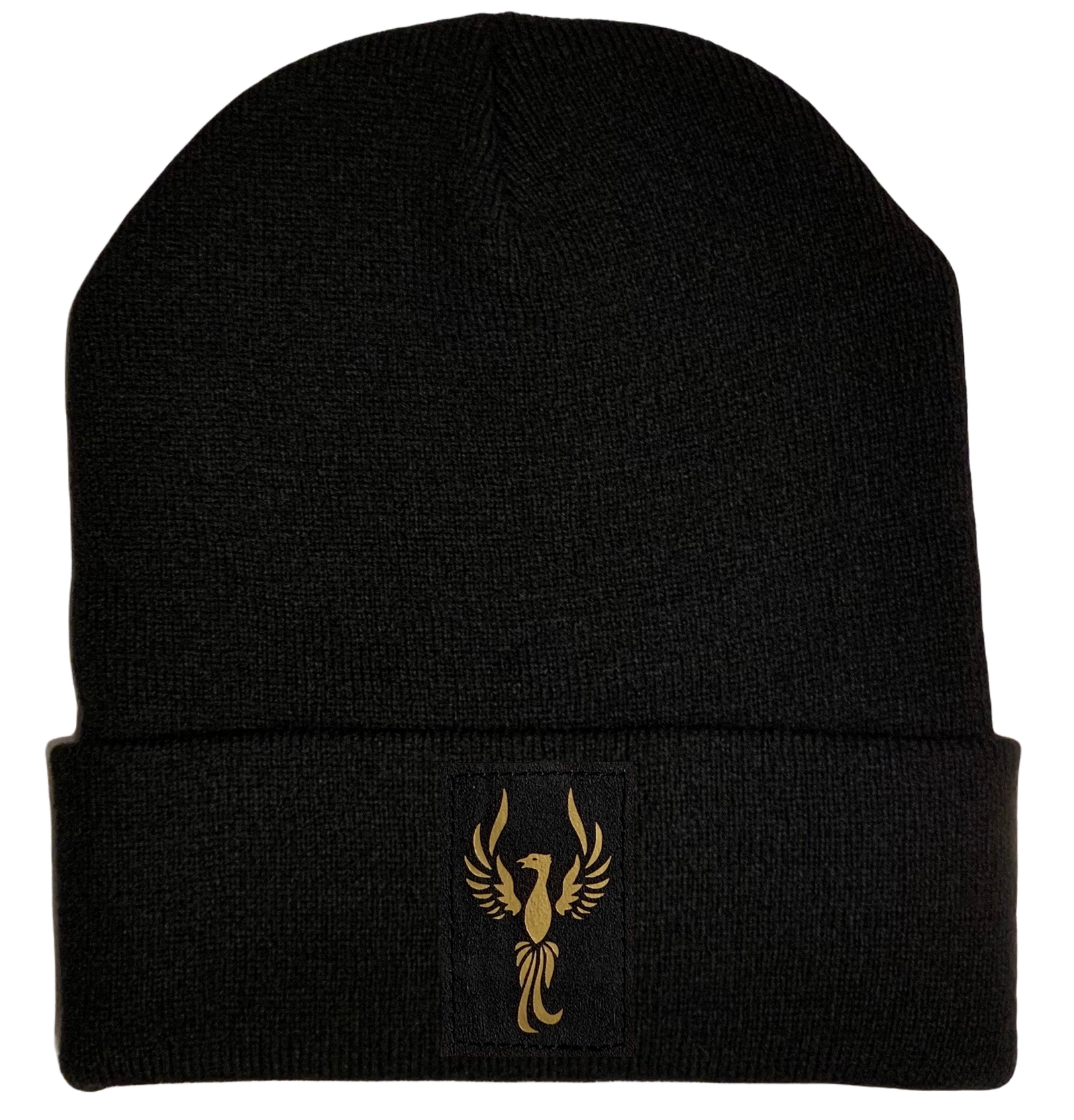 Beanie - Black cuffed w, Black and Gold Hand Made Phoenix, Vegan Leather patch over your Third Eye - yoga meditation hat buddha gear