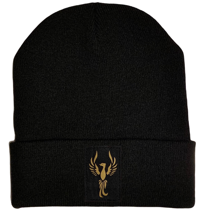 Beanie - Black cuffed w, Black and Gold Hand Made Phoenix, Vegan Leather patch over your Third Eye - yoga meditation hat buddha gear