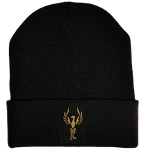 Load image into Gallery viewer, Beanie - Black cuffed w, Black and Gold Hand Made Phoenix, Vegan Leather patch over your Third Eye - yoga meditation hat buddha gear