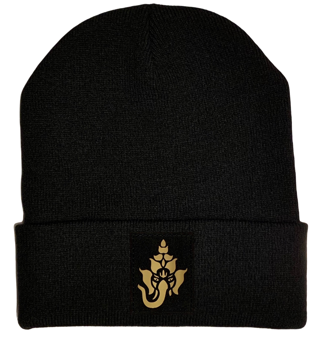 Black cuffed w Black and Gold Hand Made Ganesha Ganapati Vegan Leather patch over your Third Eye