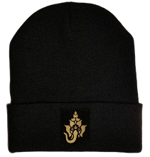 Load image into Gallery viewer, Black cuffed w Black and Gold Hand Made Ganesha Ganapati Vegan Leather patch over your Third Eye