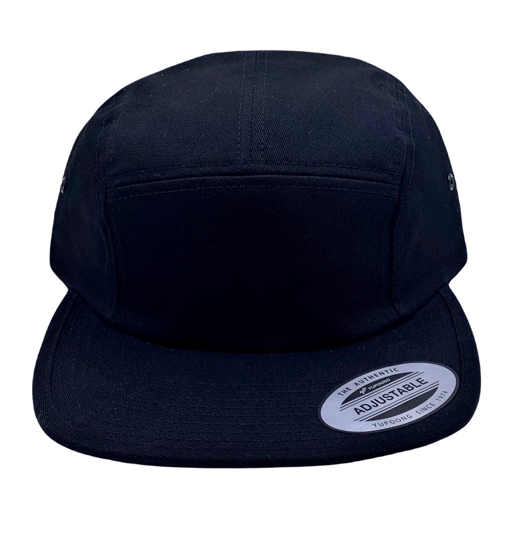 Black Yupoong 5 panel jockey flat bill hat cap with Viking Compass Vegvisir