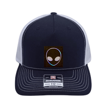 Load image into Gallery viewer, Richardson 112 original trucker hat, black/white five panel with black and holographic silver hand made vegan leather Alien by Buddha Gear