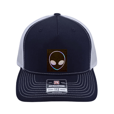Richardson 112 original trucker hat, black/white five panel with black and holographic silver hand made vegan leather Alien by Buddha Gear
