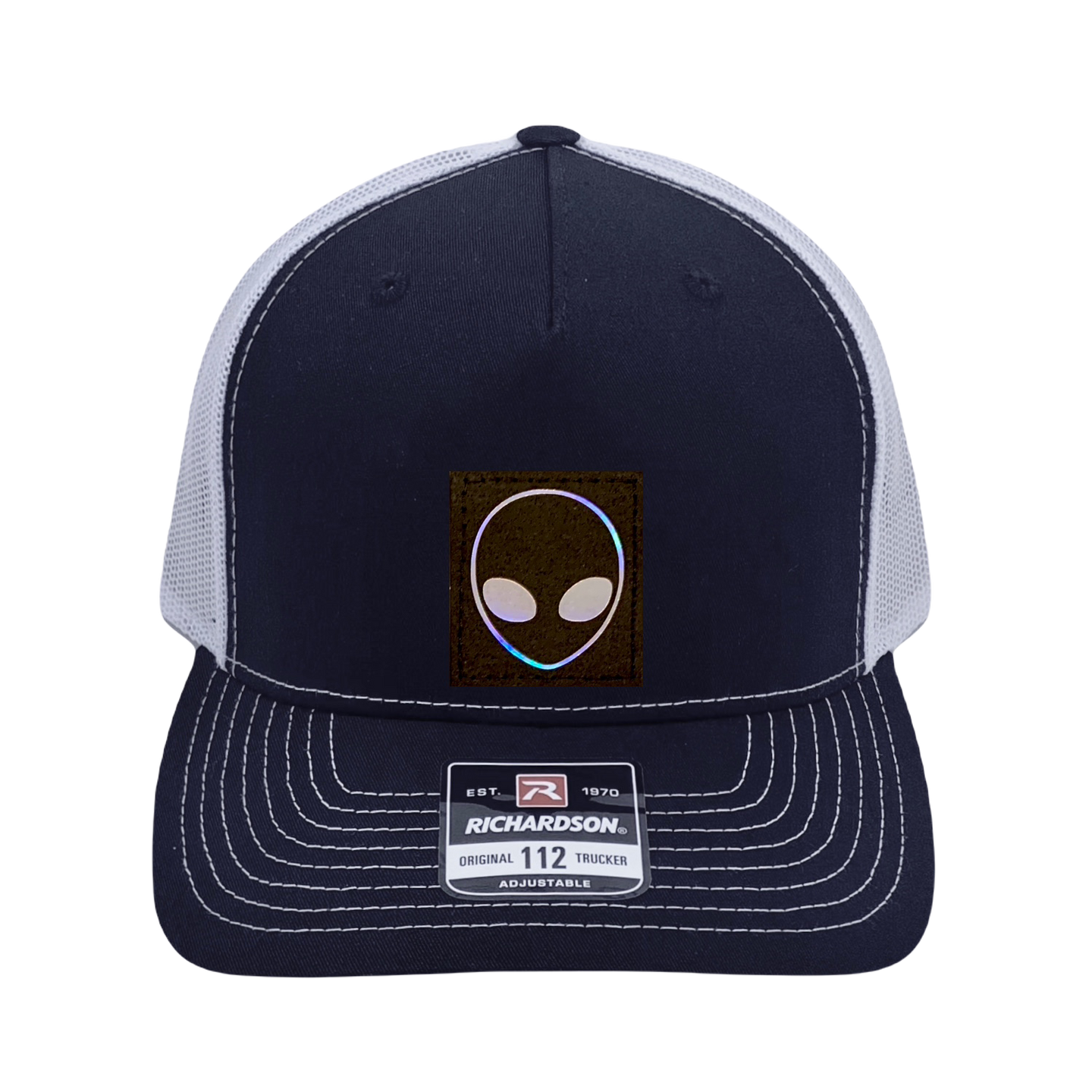 Richardson 112 original trucker hat, black/white five panel with black and holographic silver hand made vegan leather Alien by Buddha Gear