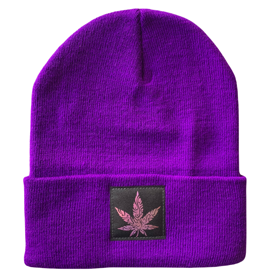 Purple Beanie with Hand Made Black and Holographic Purple, Vegan Leather Cannabis Patch by Buddha Gear 
