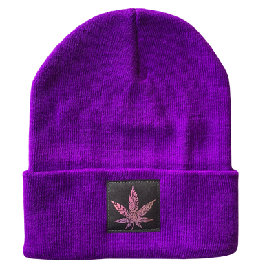 Purple Beanie with Hand Made Black and Holographic Purple, Vegan Leather Cannabis Patch by Buddha Gear 