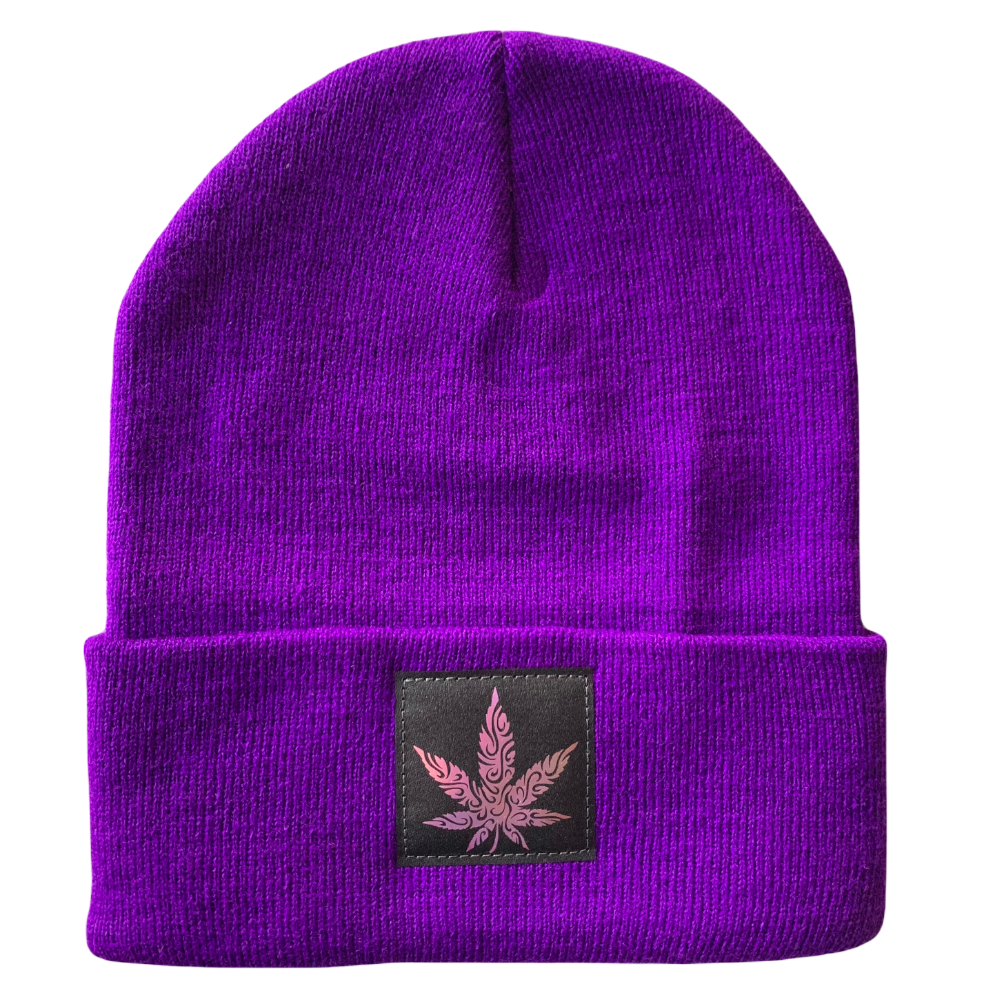 Purple Beanie with Hand Made Black and Holographic Purple, Vegan Leather Cannabis Patch by Buddha Gear 