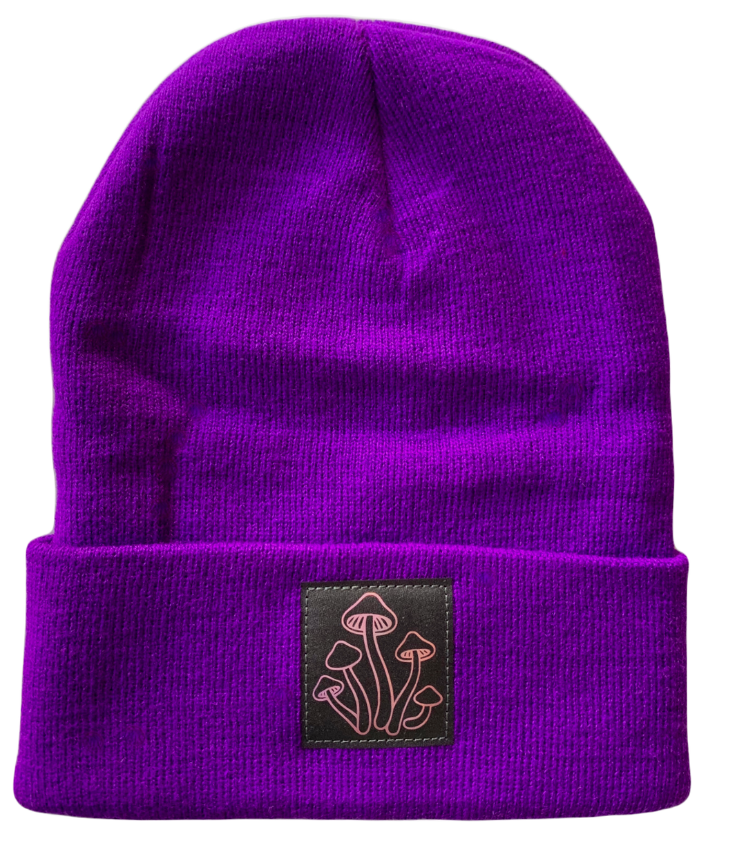Beanie - Purple cuffed w, Grey and Holographic Pink Mushroom Patch