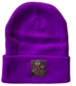 Beanie - Purple cuffed w, Grey and Holographic Pink Mushroom Patch