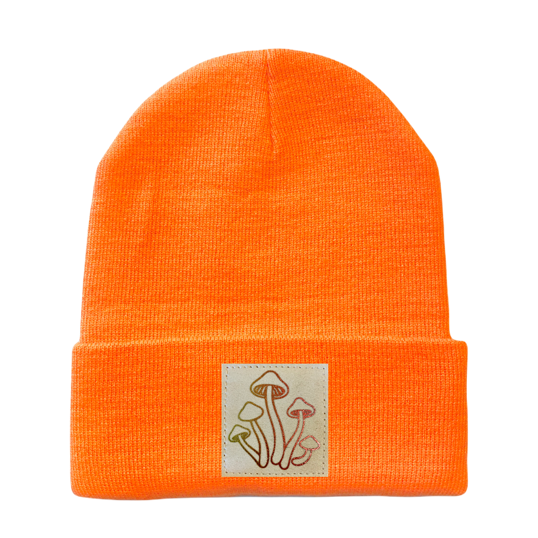Neon Safety Orange Cuffed Beanie with Hand Made Vegan Leather Holographic Mushroom Patch over your Third eye, plant medicine yoga hat by Buddha Gear 