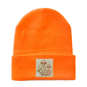 Neon Safety Orange Cuffed Beanie with Hand Made Vegan Leather Holographic Mushroom Patch over your Third eye, plant medicine yoga hat by Buddha Gear 