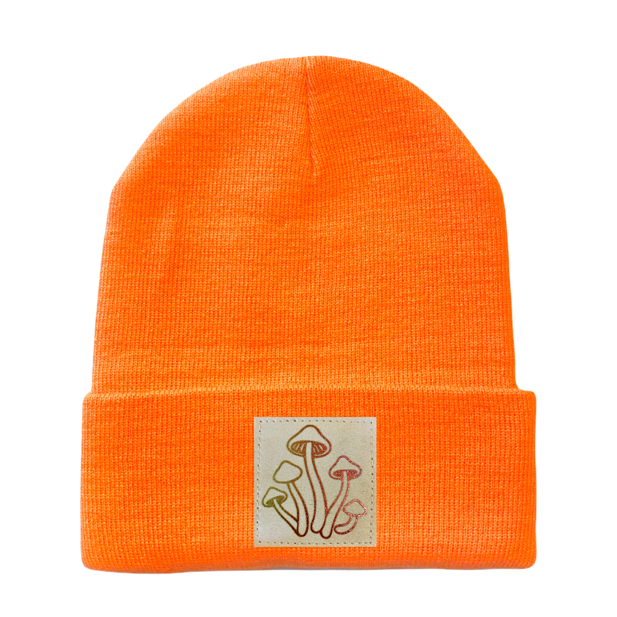Neon Safety Orange Cuffed Beanie with Hand Made Vegan Leather Holographic Mushroom Patch over your Third eye, plant medicine yoga hat by Buddha Gear 